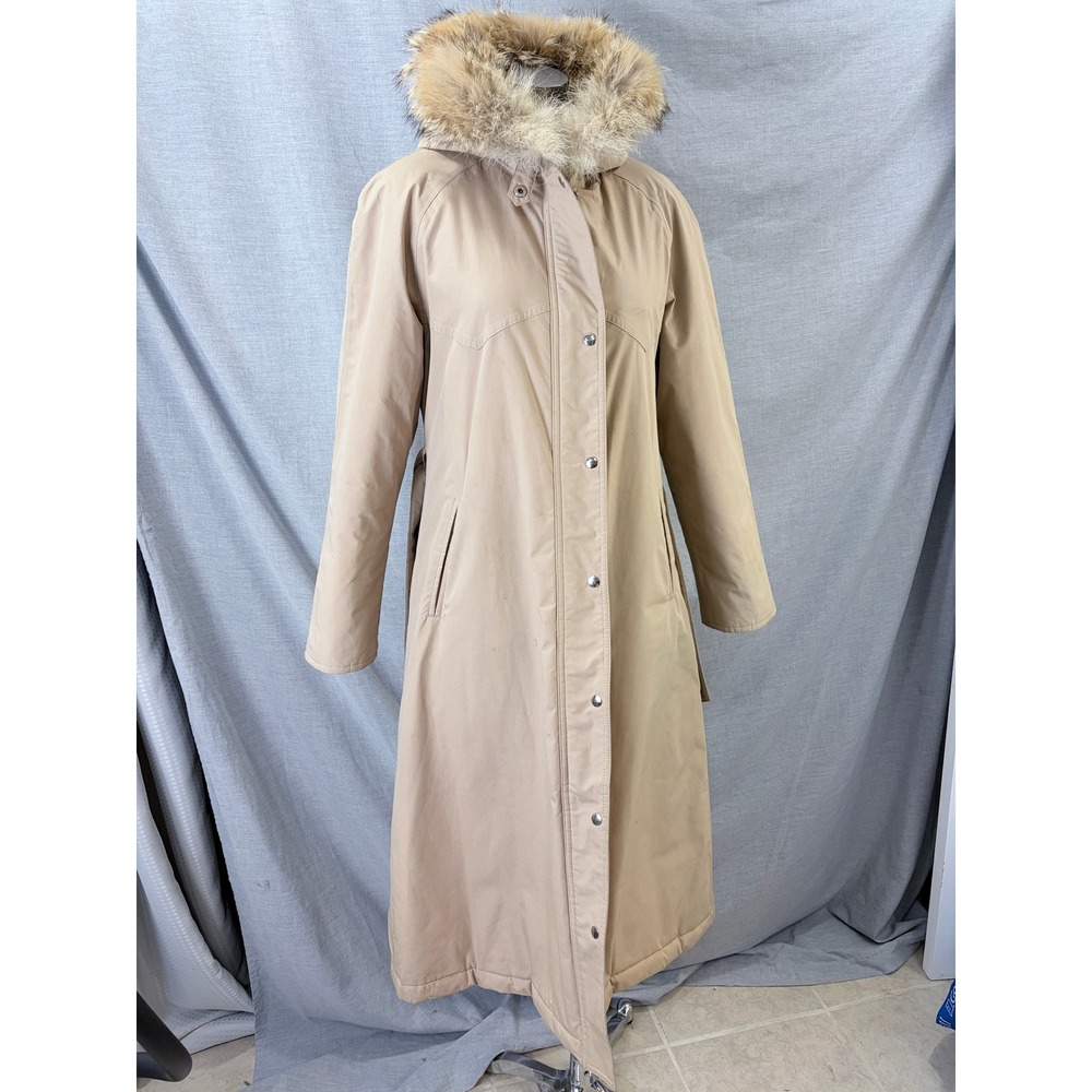 Vintage Orvis Gore-Tex Long Winter Trench Coat Fur Hood Beige 10